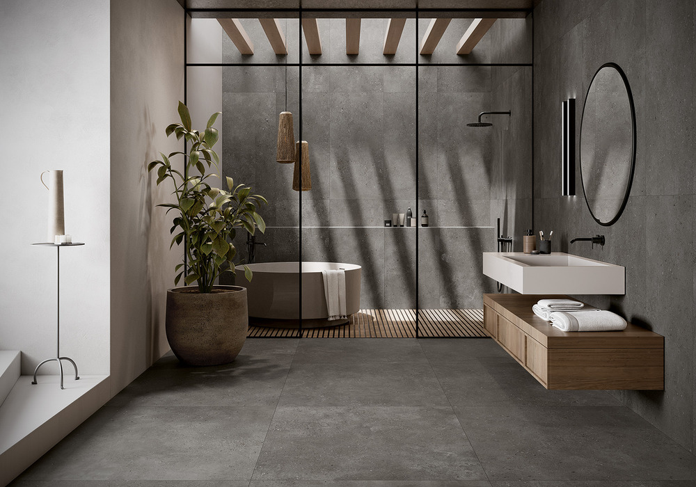 La modernità del cemento abbinato all'eleganza del classico battuto veneziano si fondono dando vita ad una nuova superficie riuscendo ad unire tradizione e innovazione. Finitura __Dark