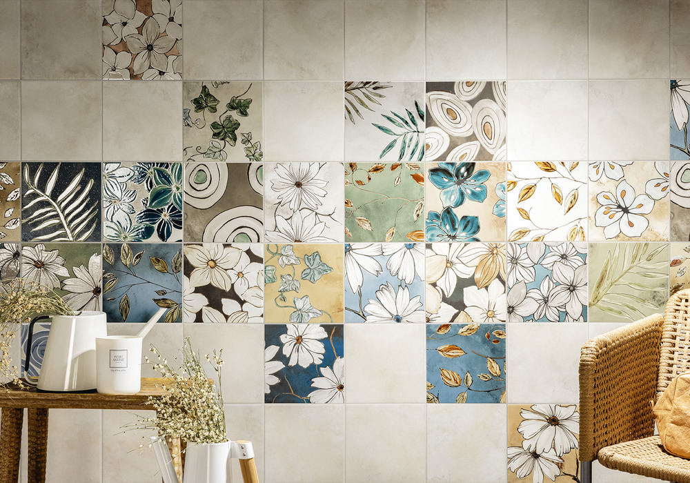 Quattro diversi mix dai colori tenui e delicati ed un quinto mix di soggetti dai colori più vivaci e variegati, con la possibilità di alternare i decori con i fondi colorati dalla grafica mossa.